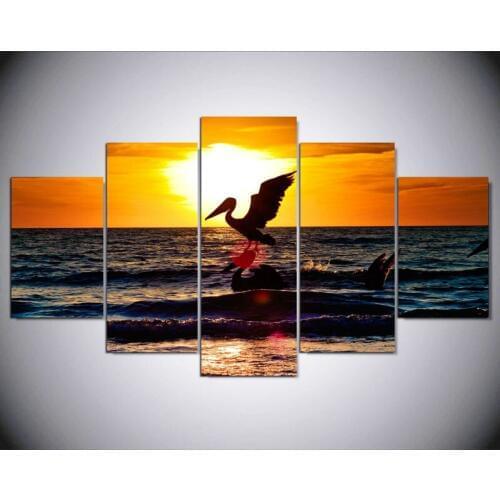 5 Piece Framed two pelicans in sunset Modern Art Home Decoration Canvas Picture Wall Painting HD Prined Decor for Living Room