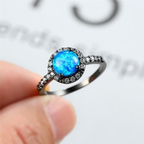 Charm Crystal Round Stone Wedding Ring Vintage Female Blue Opal Ring Classic 14KT Black Gold Thin Engagement Rings For Women Men