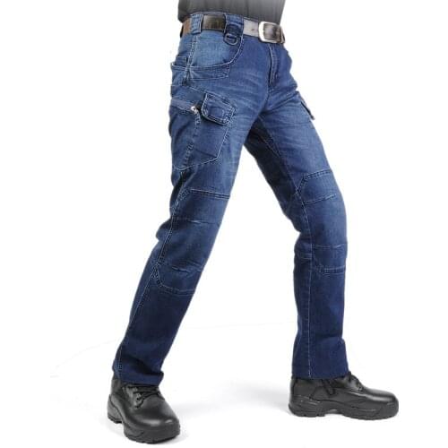 Mcikkny New Fashion Mens Cargo Casual Jeans Pants Elastics Waist Biker Denim Trousers For Male Outdoor Multi Pockets