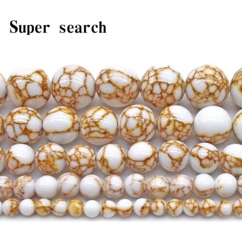 Natural Stone White Gold Line Turquoises Round Loose Beads For Jewelry Making DIY Bracelet Necklace 4 6 8 10 12mm 15 Inches