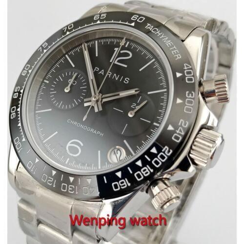 Luxury Brand parnis 39mm Black Dial ceramic Bezel Chronograph Sapphire Glass relogio masculino Quartz movement mens Watch