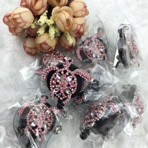 Decorative Pink turtle ID Badge Reel - Retractable Badge Holder - Rhinestone ID Badge Clip - Nurses Gift - Nurse Jewelry