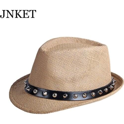 JNKET New Men Women Panama Hat Studded Straw Hat Summer Beach Sun Hat Jazz Hat