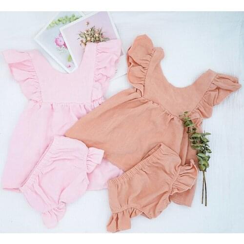 Newbron Baby Girl Clothes Set Summer Ruffled Baby Clothing Linen Ruffle Dress+shorts Pant Princess Girls Dress