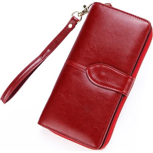 Oil Wax Cowhide Leather Wallet Women Bifold Long Genuine Leather Clutch Purse Hasp Female Cellphone Bag Girl Card Holder