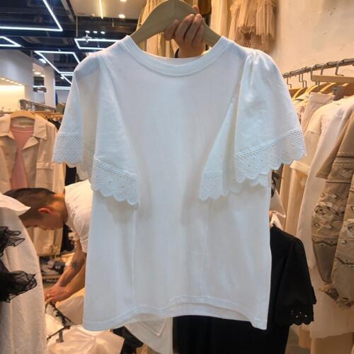 Summer Womens Short Sleeve Loose T-shirt New Lace Butterfly Sleeve Short Sleeve T-shirt Korean Loose Solid Color Tees Top GD398