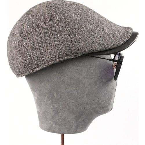 Mens Wool Belend Cashmere Knitted Fabric Hats Newsboy Caps Patchwork Genuine Sheepskin Leather casquette peaked cap