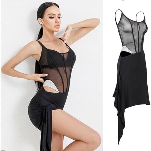 New Latin Dance Dress Women Sexy See-Through Mesh Black Dress Sling Prom Performance Dress Adult Rumba Dance Clothes DNV14751