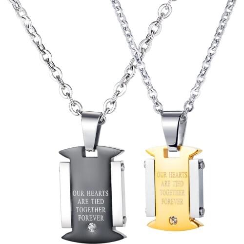 Stainless Steel Couple Necklace Cubic Zirconia Geometric Book Pendant for Woman Men Love Promise Anniversary Gift