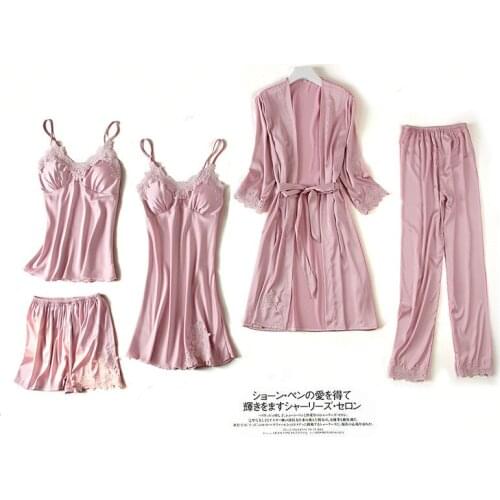 Sexy Pink Lace Satin Sleepwear Pijama Home Wear Sleep Lounge Pyjama Women Pajamas 5 Pieces Sets with Chest Pads