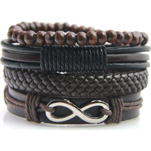 New 4 Pcs/set Weave Vintage Punk Beads Male Women Skull 8 Words Men Leather Charm Bracelets Female Homme Jewelry Strand Bracelet