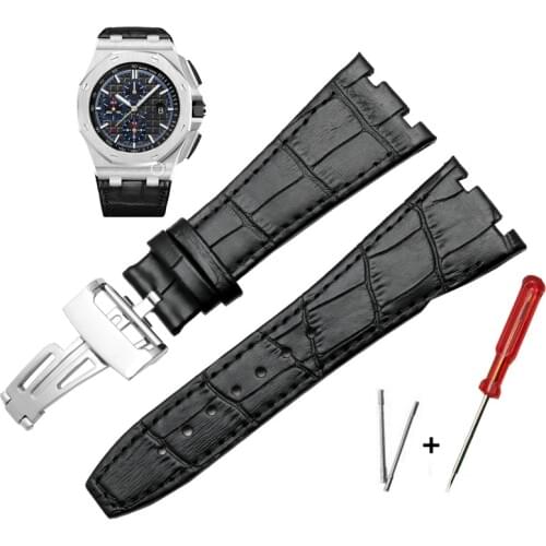 Watchband For AP wrist straps 26mm black|blue brown 100% Genuine Leather Handmade Watch Band Strap with steel deployment buckle