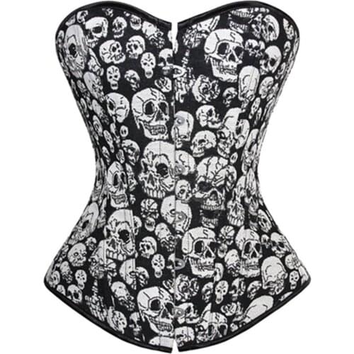 Skull Printed Boned Lace Up Overbust Corset Bustier Womens Gothic Punk Lingerie Plus Size Corselet Top S-6XL