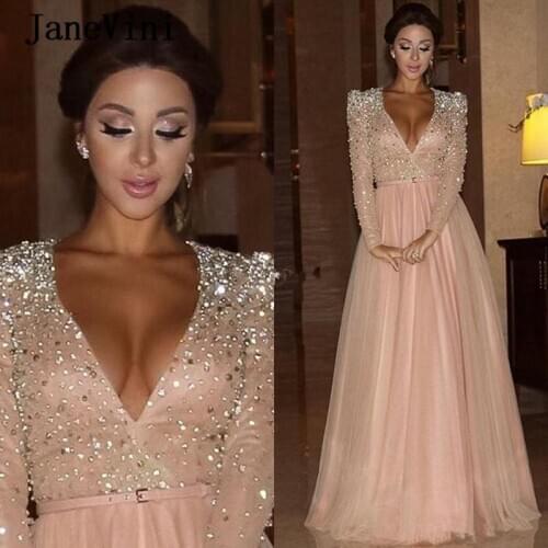 JaneVini 2020 Sexy V Neck Arabic Eveing Dresses with Long Sleeves Luxury Crystal Beaded A Line Floor Length Formal Party Gowns