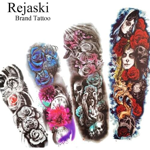 Rejaski Sexy Full Arm Rose Flower Temporary Tattoo Stickers Women Death Skull Waterproof Fake Tattoo Sleeve For Men Girls Tatoos