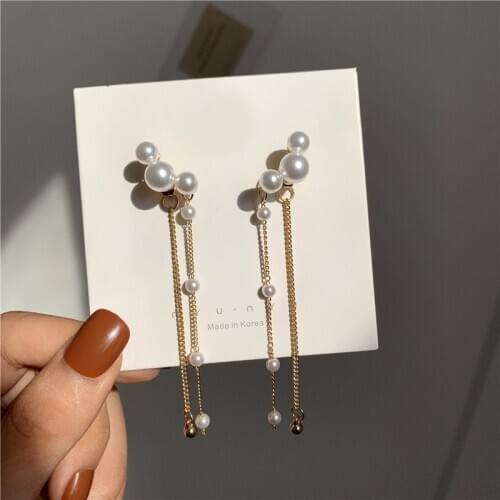 Super sweet fairy long tassels of pearl earrings lighter luxury earrings