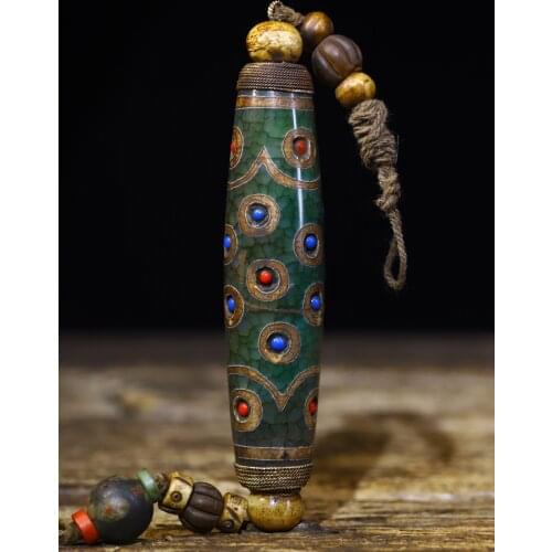 Tibetan Buddhist handmade dzi Statue, Natural agate inlaid gemstone old dzi bead Statue, Long 13CM diameter 2.4CM