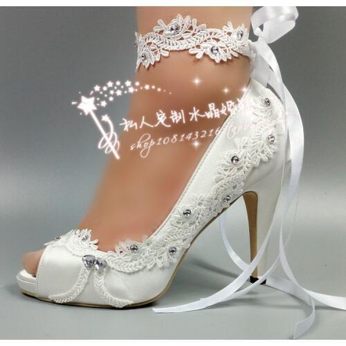 Women Shoes Peep Toe lace silk satin wedding crystal flowers bride wedding dress photography waterproof wristband platform