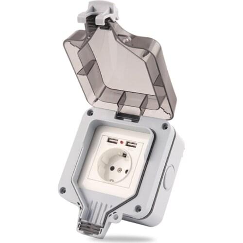 IP66 EU Standard German Style Outdoor Waterproof with USB Socket Wall Power Switch Socket Plug Outlet AC 250V 16A Home