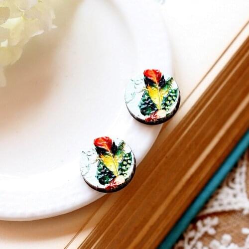 Unique3D Feather Embossed 16mm Round Coloured Drawing pattern Laser Cut wood Cabochon DIY for Rings, Earring,Brooch,Necklace-322