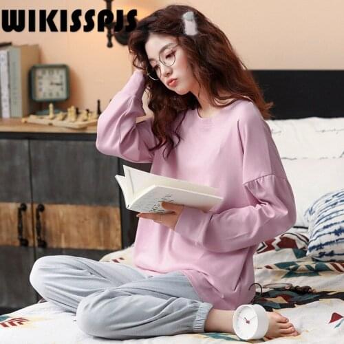 WIKISSPJS Spring Autumn Long Sleeve Solid Two Piece Suit for Lazy People Sleep Tops Pajamas for Women Bedroom Set Sleepwear