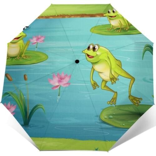 Wind Resistant Folding Automatic Umbrella Women Auto Cartoon Frog In Pond Windproof Umbrellas Rain For Men Parasol