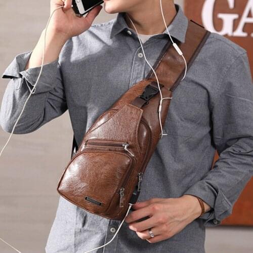 Vintage Pu Leather Chest Bag for Men Usb External Charge Casual Travel Shoulder Messenger Bags Outdoor Anti-Theft Backpack