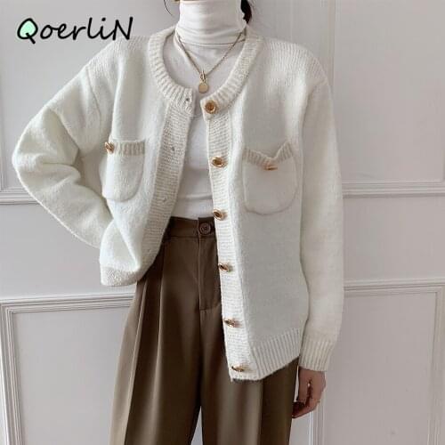 Temperament Long Sleeve Knit Sweater Women 2020 Autumn Winter Korean Loose White All-match Cardigan Sweater Jacket Coat Pocket