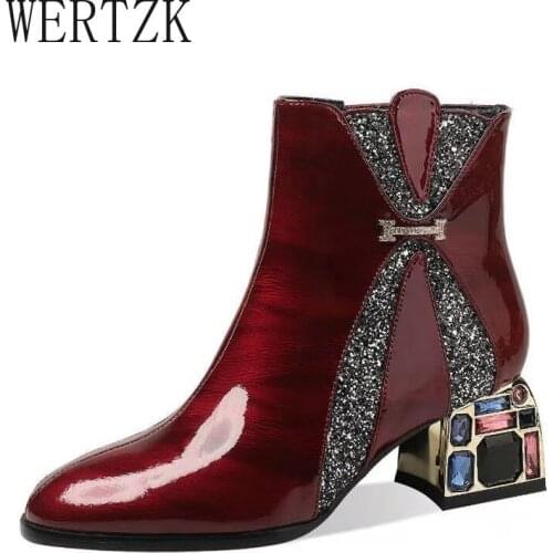 Spring/Fall Shoes Woman 2021 Ankle Boots Rhinestone Block Heel Soft Leather Boots Female Booties Sequins Zip Large Size BLACK