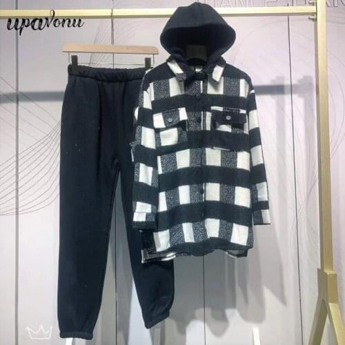 Free Shipping 2021 Ladies Loose Sweatpants Suit Casual Long Sleeve Pocket Single-breasted Hooded Shirt & Trousers Two-Piece Sets