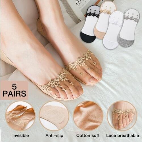 5 Pairs New Transparent Short Lace Socks Women Summer Japanese Fashion Sheer Ankle Socks Ladies Pink Low Cut Sock Slippers Black