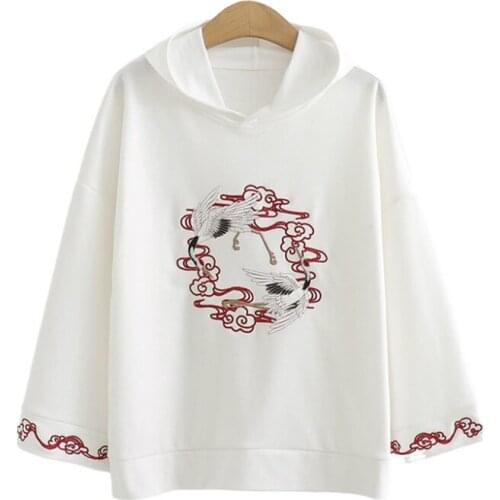 White Harakuju Embroidery Hoodies Sweatshirt Women 2020 Atumn Flare Sleeve Hooded Pullover Korean Ladies Preppy Style Basic Tops