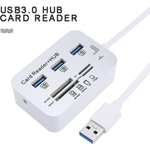 White Aluminum 3 Port USB 3.0 Hub MS SD M2 TF Multi-In-1 Memory Card Reader Adapter Stable And Secure