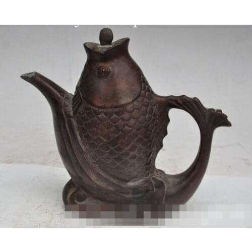 Free shipping S00507 8"Marked Chinese Dynasty Palace bronze Fish barracuda statue Wine Tea Pot Flagon