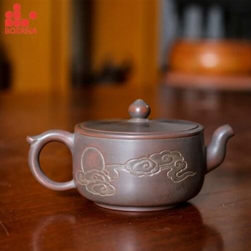 BOERNA 150ml Clay Kung Fu Cha Nixing Chinese Pottery Teapot Pure Handmade Tea Set Bowl Light Pot Kettle for Pu'er with Gift Box