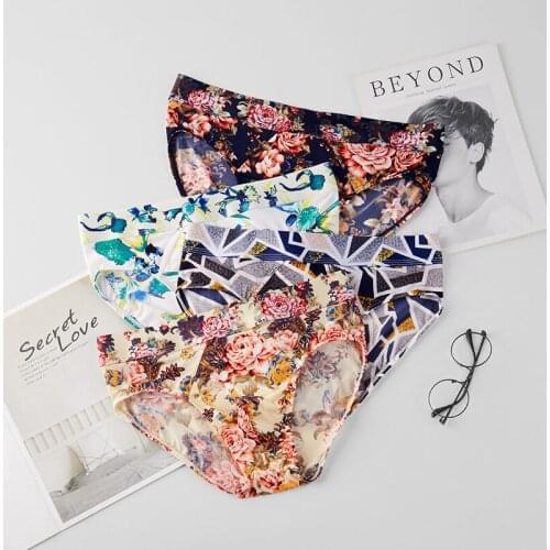 Brand Fashion Mens Ice Silk Flower Printing Brief Underwear Quick-Drying Comfortable Soft Male Sexy Breathable Pants Underpants