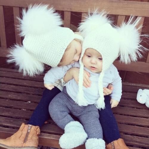 Real Pompom Beanies Children' Caps Beanie Warm Winter Cap Kids Knit Protect Ears Hats Natural Raccoon Pom pom Movable Hats Girl