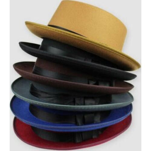 Unisex Ladies Mens Sunhats Hard Felt Wide Brim Boater Flat Top Pork Pie Hat Gentleman Holiday Fedora Cap
