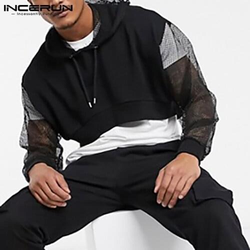 Men T Shirt Mesh Patchwork Hooded Long Sleeve Breathable Casual Crop Tops See Through Streetwear 2021 Men Clothing S-5XL INCERUN