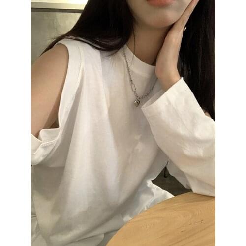 Early Autumn T-shirt Care Machine Loose Korean Version Hollow Out Long Sleeve Diagonal Shoulder Leakage T-shirt Off