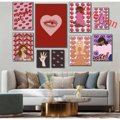 Groovy Retro Pink And Red Heart Posters-Psychedelic Female Girl Art-60s Boho 70s Magic Eyes Art-Room Decor Canvas Wall Art Print