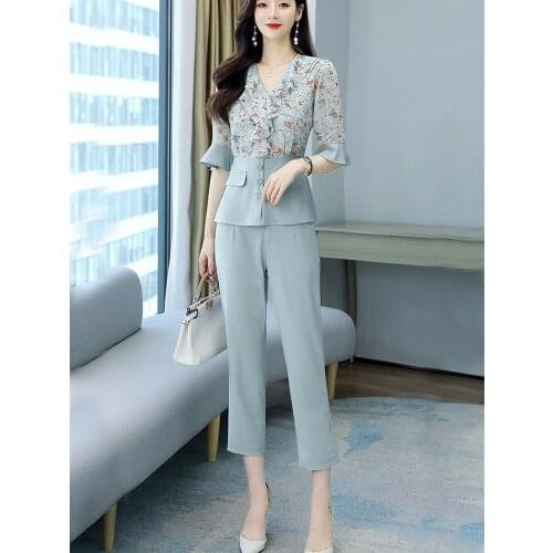2 Piece Set 2021 Summer Slim Floral Patchwork Blouse Trousers Suit Pants Outfit Female Office Clothes