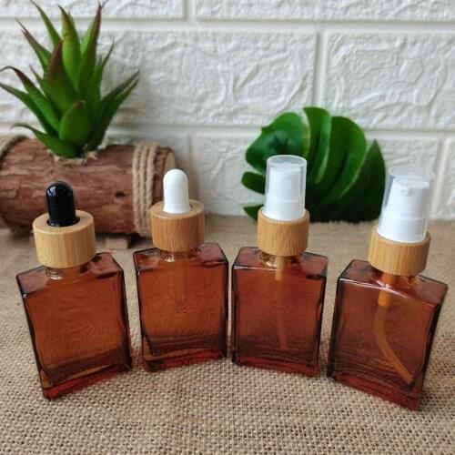 Cosmetic Packaging Bamboo lotion Bottle 30ml frosted Glass Spray bottles with bamboo perfume cap Square Glass Dropper Bottles