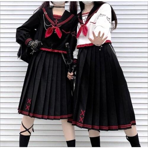 Devil Bunny Original Design Cute Japanese Womens JK Uniform 2Pcs Set: Long Sleeves Sailor Collar Blouse Shirt + Pleated Skirt