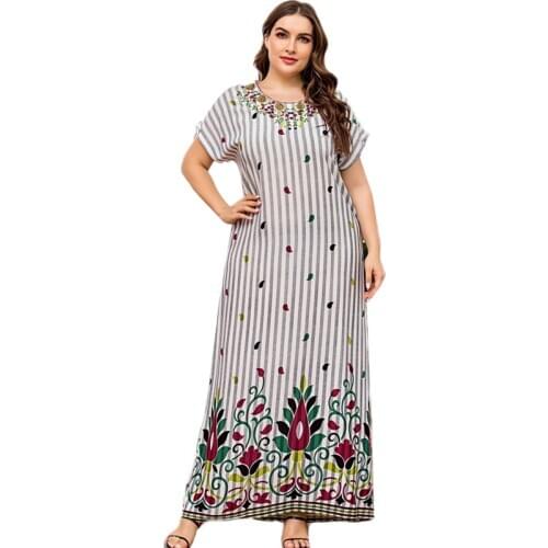 Printed Muslim Women Long Dress Stripe Abaya Islam Maxi Robe Gown Ramadan Plus Size Loose Casual Arab Jilbab Short Sleeve Summer