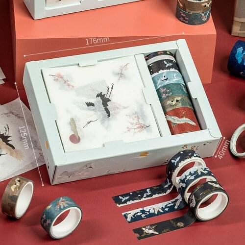 2 Set Hand Account Stickers Set Wild Crane Chinese Style 7 Rolls Washi Tape 9 Pieces DIY Hand Account Stickers Material