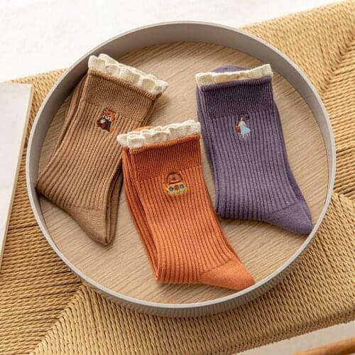 10 Pairs Women Socks Autumn Winter Lace Edge Solid Color Cartoon Embroidery Socks Korean Socks Middle Tube For Ladies Girls