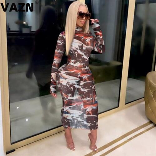 VAZN New 2020 Elegant High Neck Vintage Camouflage Maxi Dress Club Birthday Shinny Bandage Dress Full Sleeve Sheath Dresses