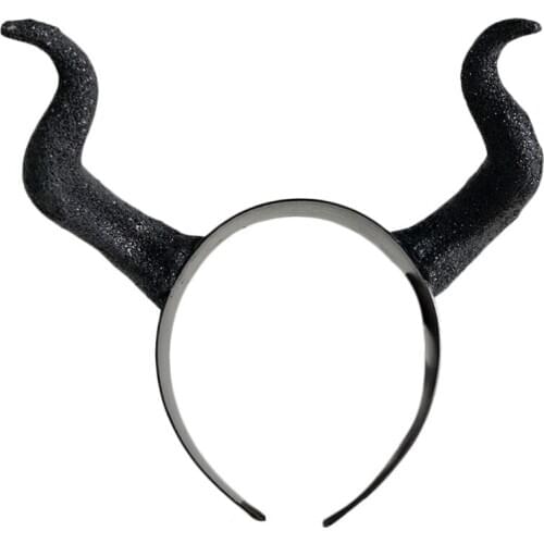Halloween Witch Black Long Ox Horn Headband Movie Demon Evil Queen Glitter Hair Hoop Gothic Cosplay Costume Headpiece