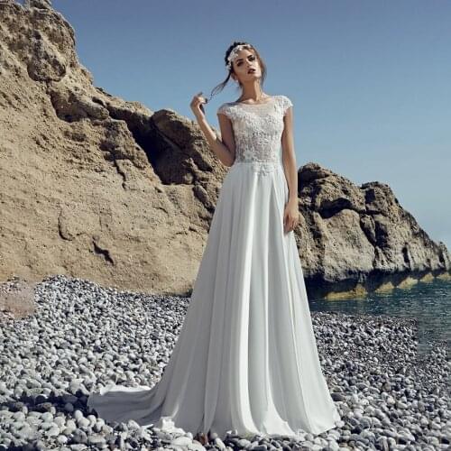 See Through Short Sleeves Chiffon Beach Wedding Dress Illusion Lace Bridal Dress vestido de festa de casamento